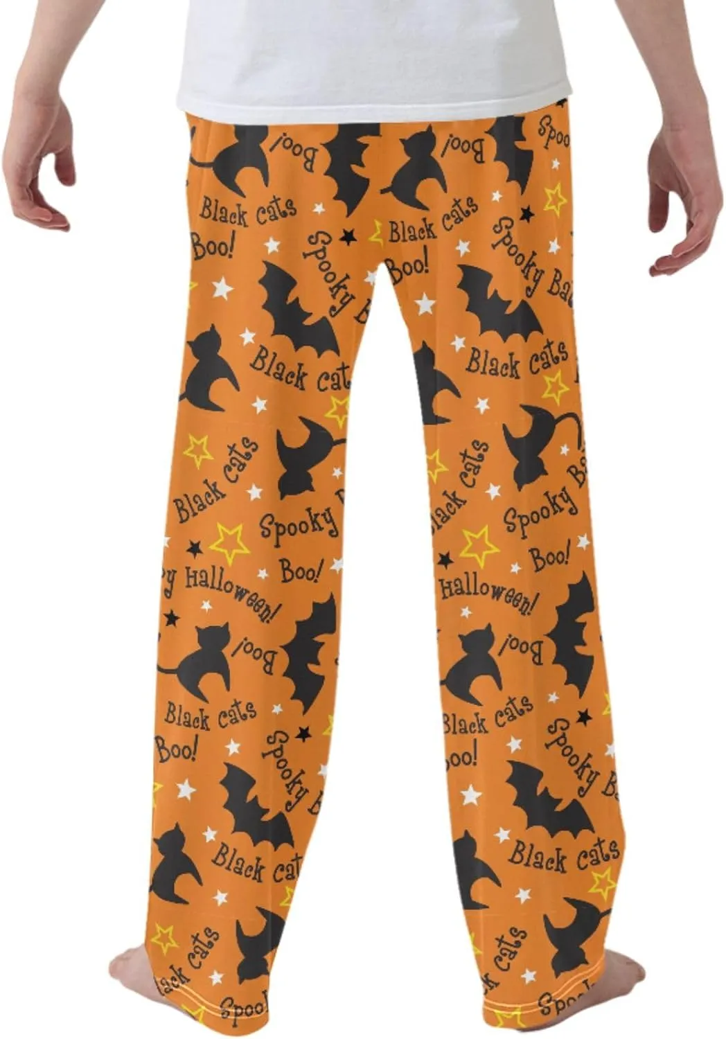 Pigsaly Boys' Pants Halloween Cats Bats Long Bottoms Orange Stars Jogger Pants Elastic Waist Trousers With Pockets S