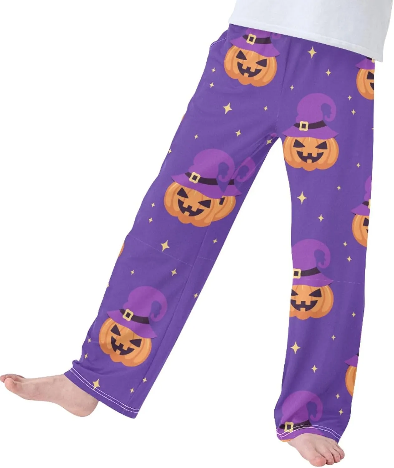 Pigsaly Boys' Pants Halloween Pumpkin Stars Long Bottoms Purple Witch Hat Jogger Pants Elastic Waist Trousers with Pockets S