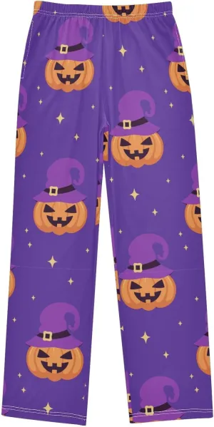 Pigsaly Boys' Pants Halloween Pumpkin Stars Long Bottoms Purple Witch Hat Jogger Pants Elastic Waist Trousers with Pockets S