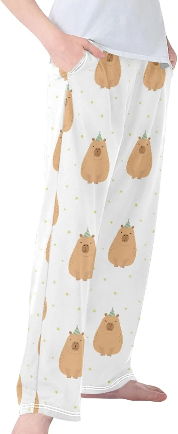 Pigsaly Boys' Pants Party Hat Cute Capybara Long Bottoms Gold Stars Jogger Pants Elastic Waist Trousers With Pockets S