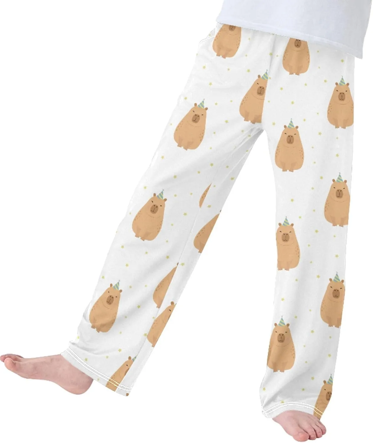 Pigsaly Boys' Pants Party Hat Cute Capybara Long Bottoms Gold Stars Jogger Pants Elastic Waist Trousers With Pockets S