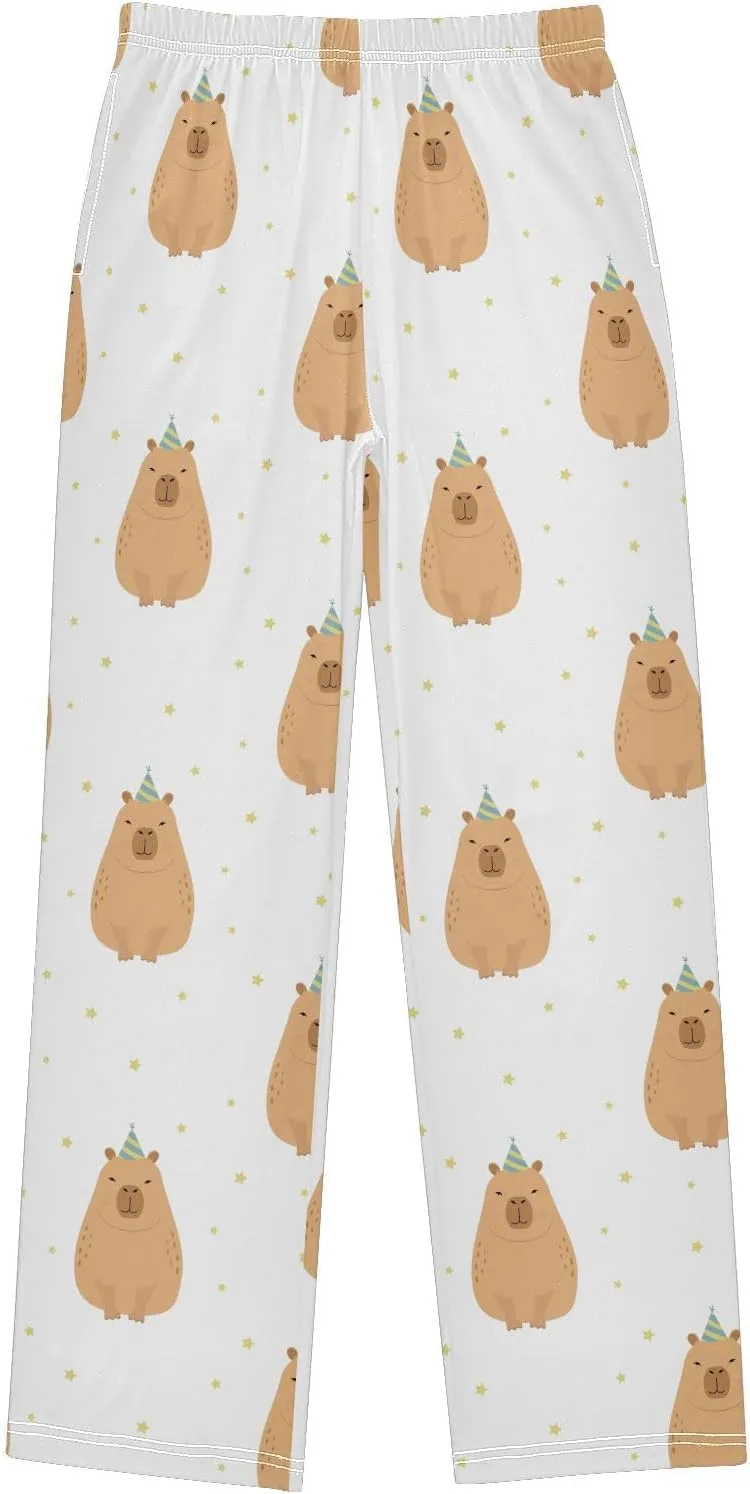 Pigsaly Boys' Pants Party Hat Cute Capybara Long Bottoms Gold Stars Jogger Pants Elastic Waist Trousers With Pockets S