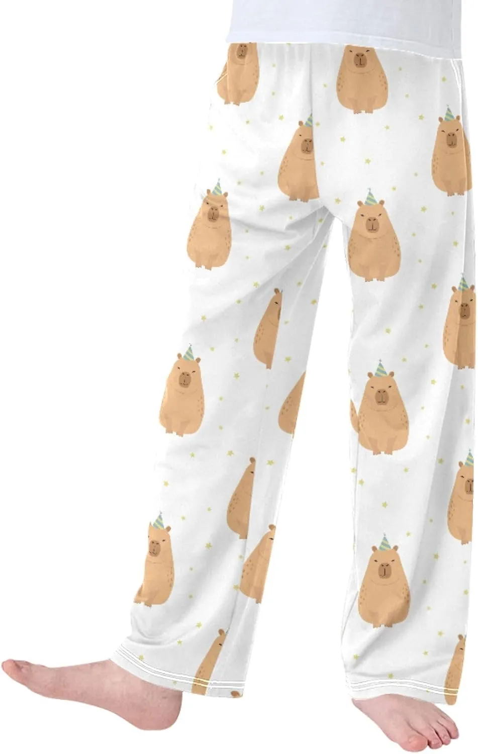 Pigsaly Boys' Pants Party Hat Cute Capybara Long Bottoms Gold Stars Jogger Pants Elastic Waist Trousers With Pockets S