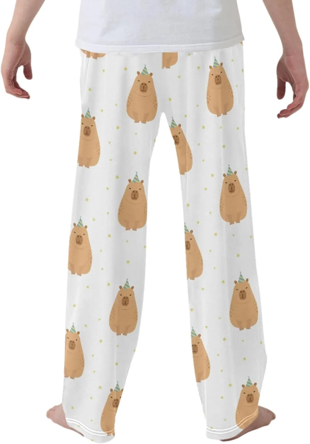 Pigsaly Boys' Pants Party Hat Cute Capybara Long Bottoms Gold Stars Jogger Pants Elastic Waist Trousers With Pockets S