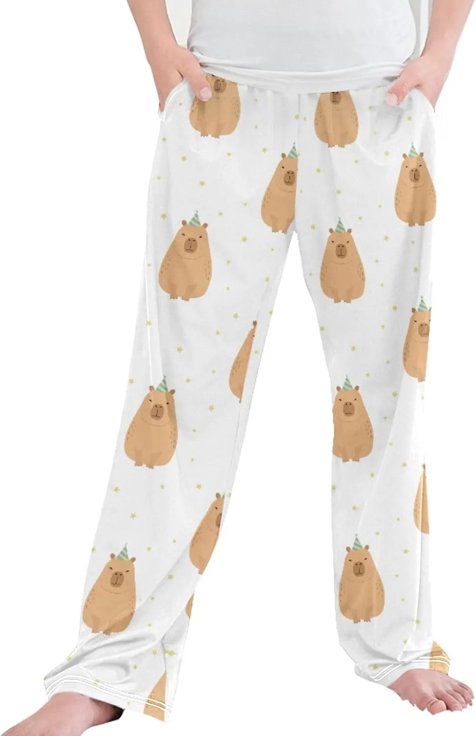 Pigsaly Boys' Pants Party Hat Cute Capybara Long Bottoms Gold Stars Jogger Pants Elastic Waist Trousers With Pockets S