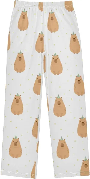 Pigsaly Boys' Pants Party Hat Cute Capybara Long Bottoms Gold Stars Jogger Pants Elastic Waist Trousers With Pockets S