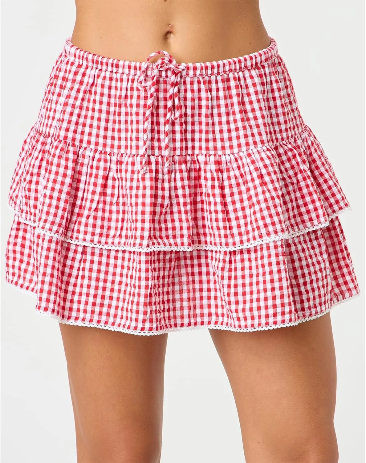 Plaid Mini Skirts Women Y2K Lace Trim Gingham A Line Ruffle Short Skirt Layered Pleated Fairy Sissy Cosplay Skirt