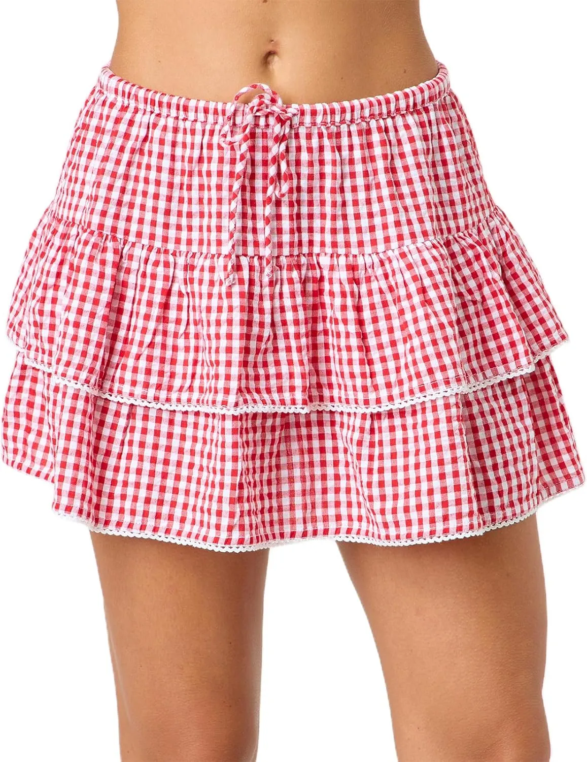 Plaid Mini Skirts Women Y2K Lace Trim Gingham A Line Ruffle Short Skirt Layered Pleated Fairy Sissy Cosplay Skirt