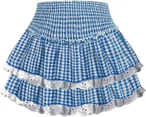 Plaid Mini Skirts Women Y2K Lace Trim Gingham A Line Ruffle Short Skirt Layered Pleated Fairy Sissy Cosplay Skirt
