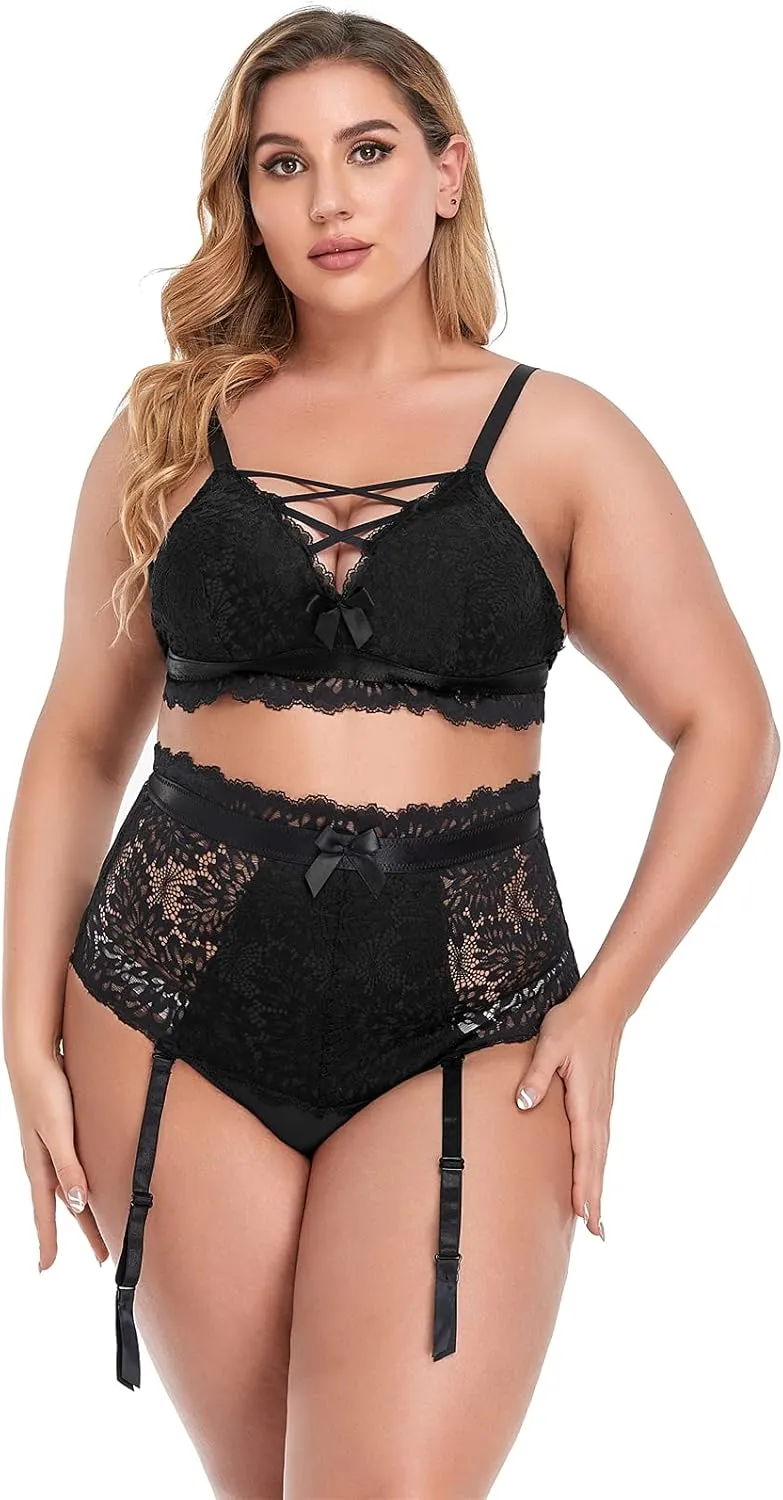 Plus Size Lingerie Set for Women Mesh Black Lace Bra High Waist Suspender 2 Pieces Underwear