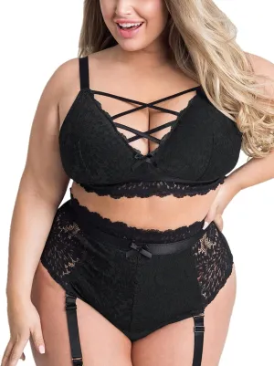 Plus Size Lingerie Set for Women Mesh Black Lace Bra High Waist Suspender 2 Pieces Underwear