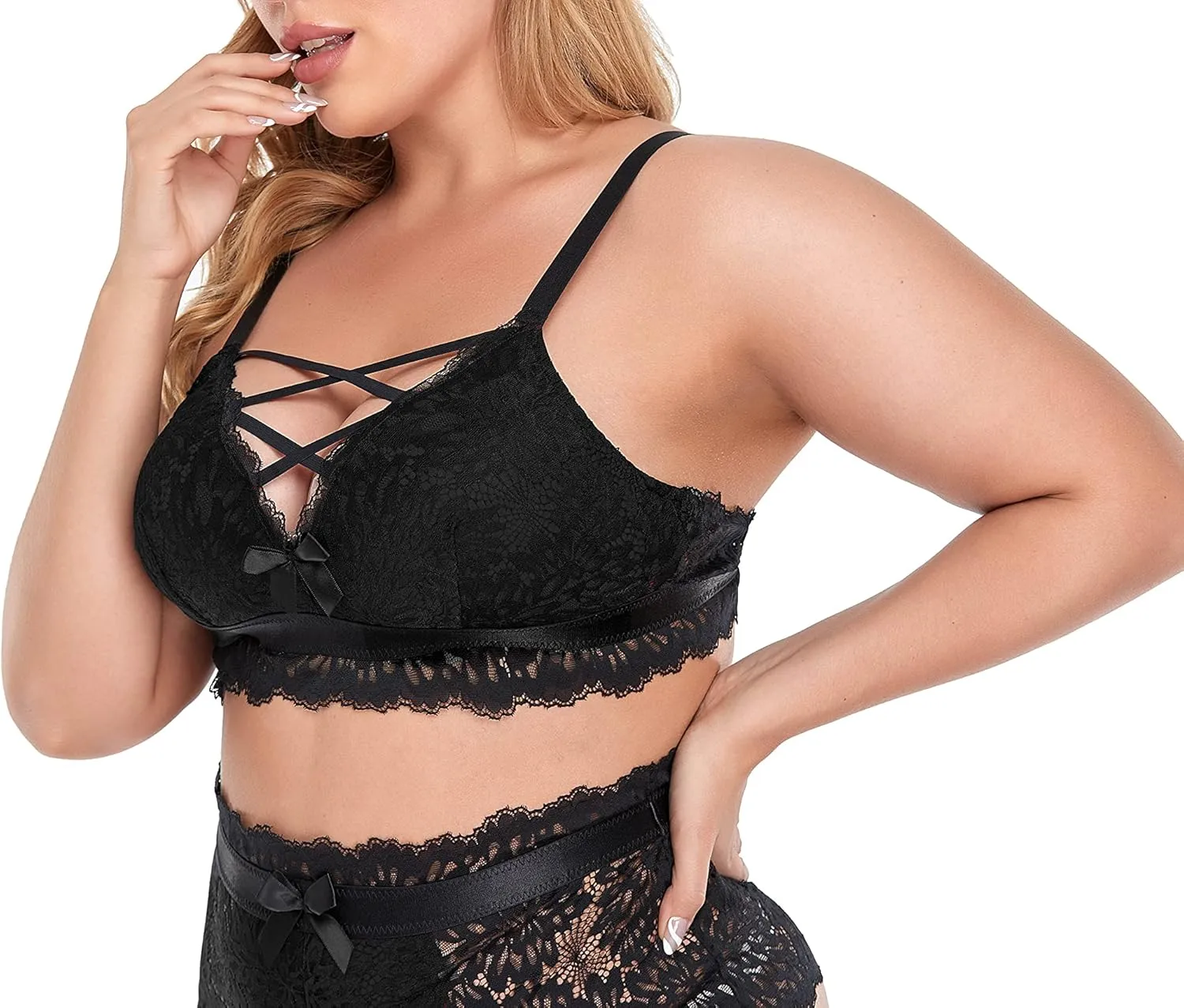 Plus Size Lingerie Set for Women Mesh Black Lace Bra High Waist Suspender 2 Pieces Underwear