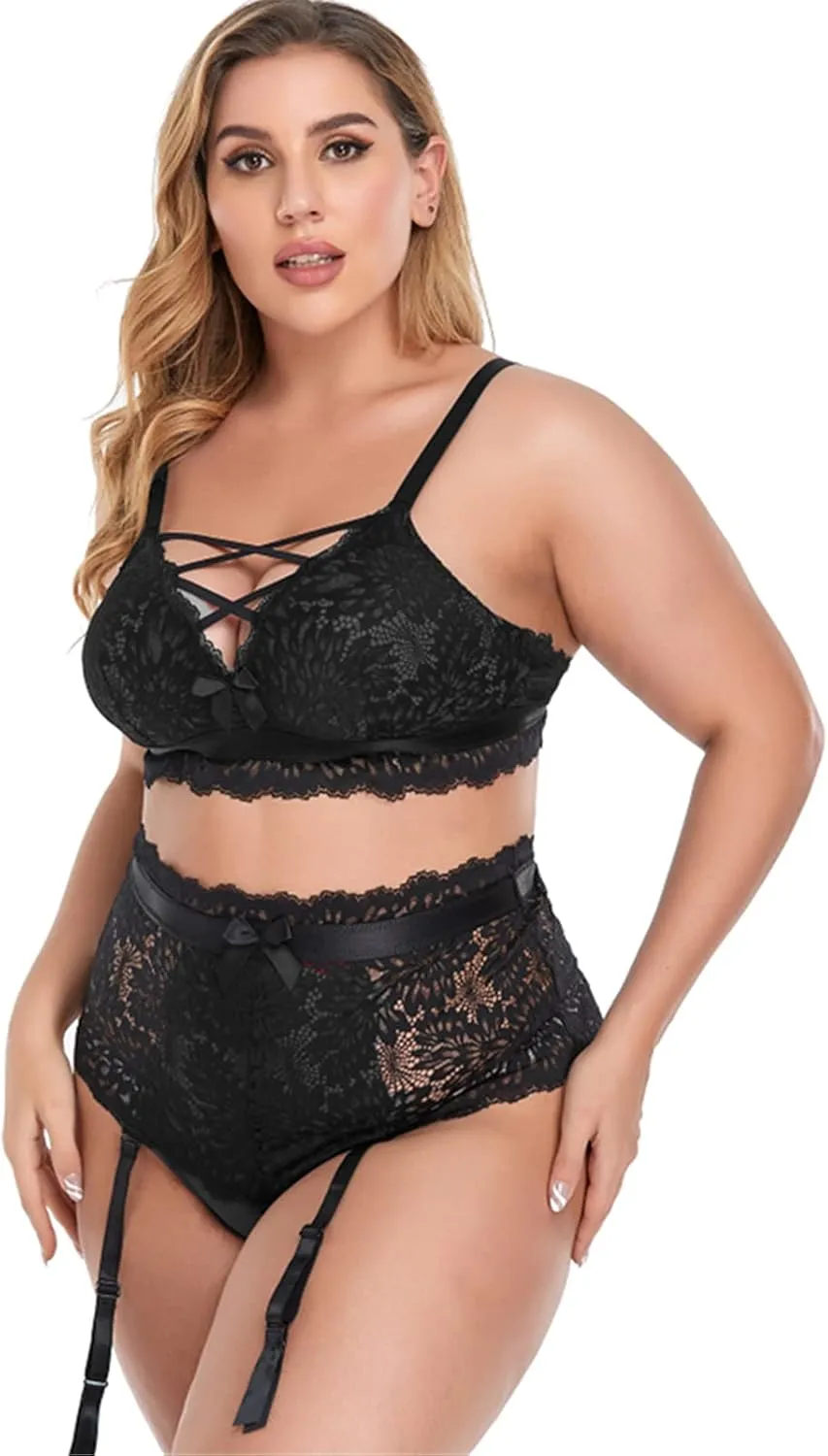 Plus Size Lingerie Set for Women Mesh Black Lace Bra High Waist Suspender 2 Pieces Underwear