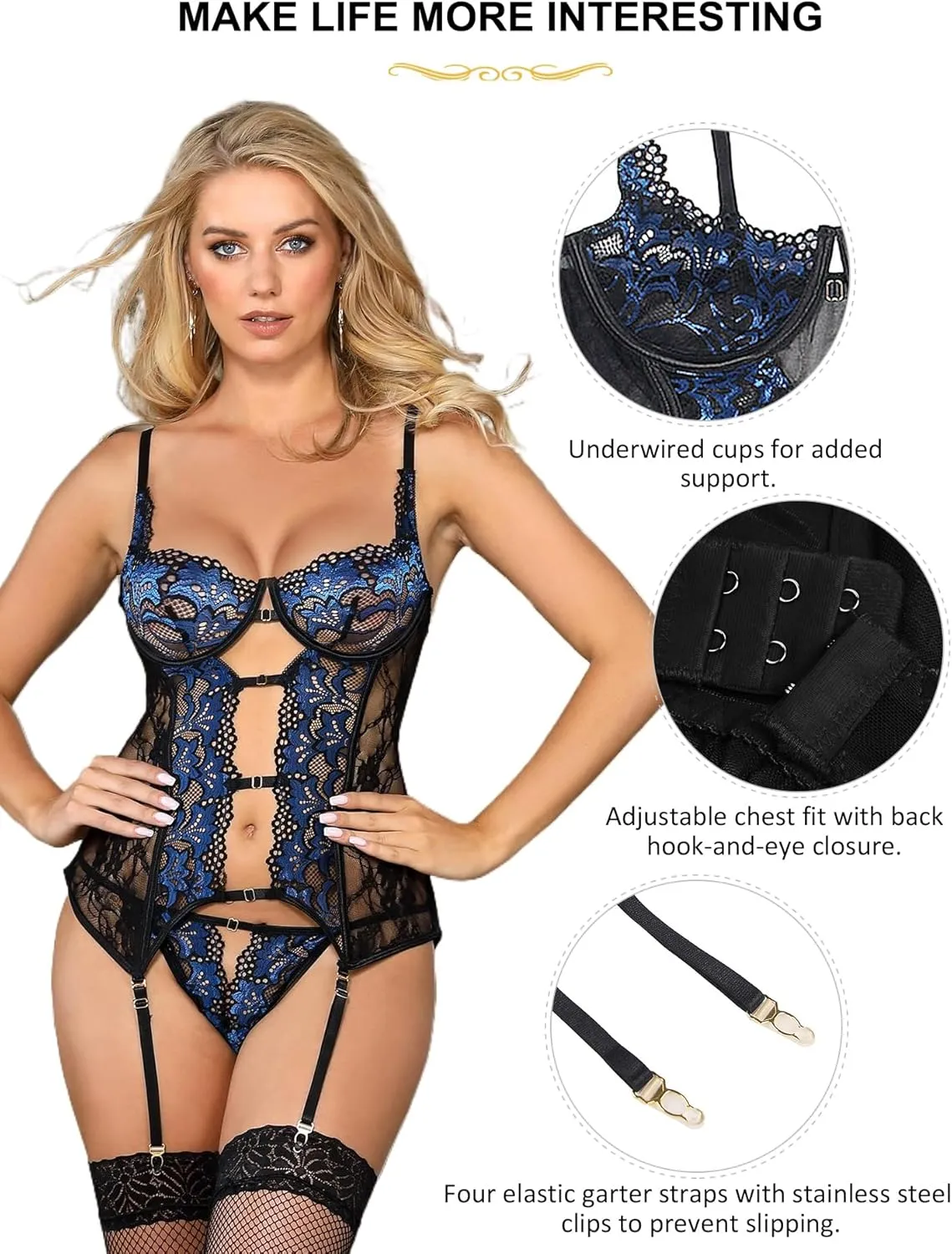 Plus Size Women's Garter Lingerie Set Lace Underwire Babydoll Sexy Bodysuit Bra and Thongs S-2XL