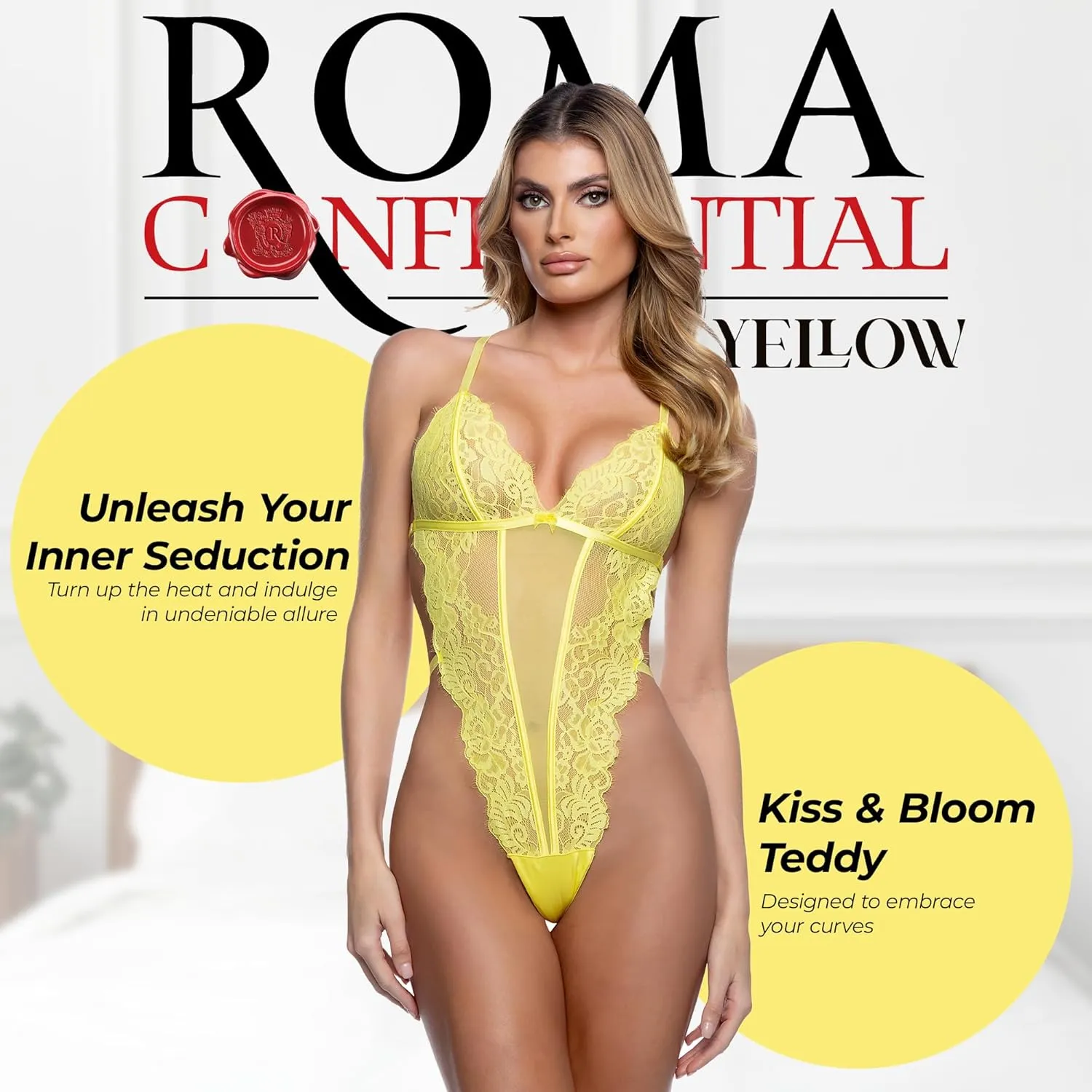 Roma Costume Lace Teddy Lingerie for Women Kiss & Bloom Sexy Teddy Bodysuit Lingerie, Sheer Floral Lace & Criss-Cross Back