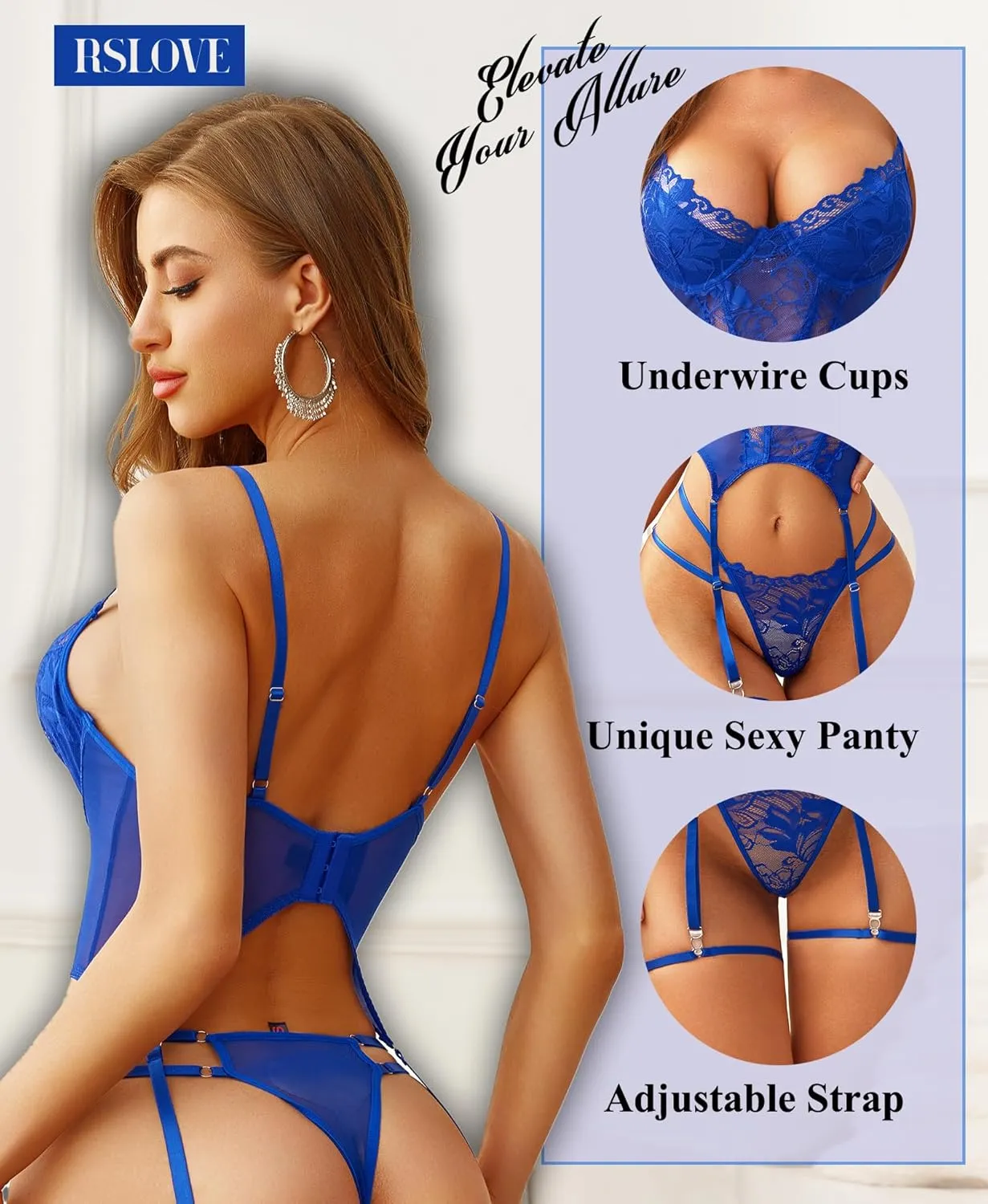 RSLOVE Lingerie Set for Women Sexy - 3 Piece Lace Push Up Underwire with Garter Outfits Lingerie Bra And Panty Sets Babydoll