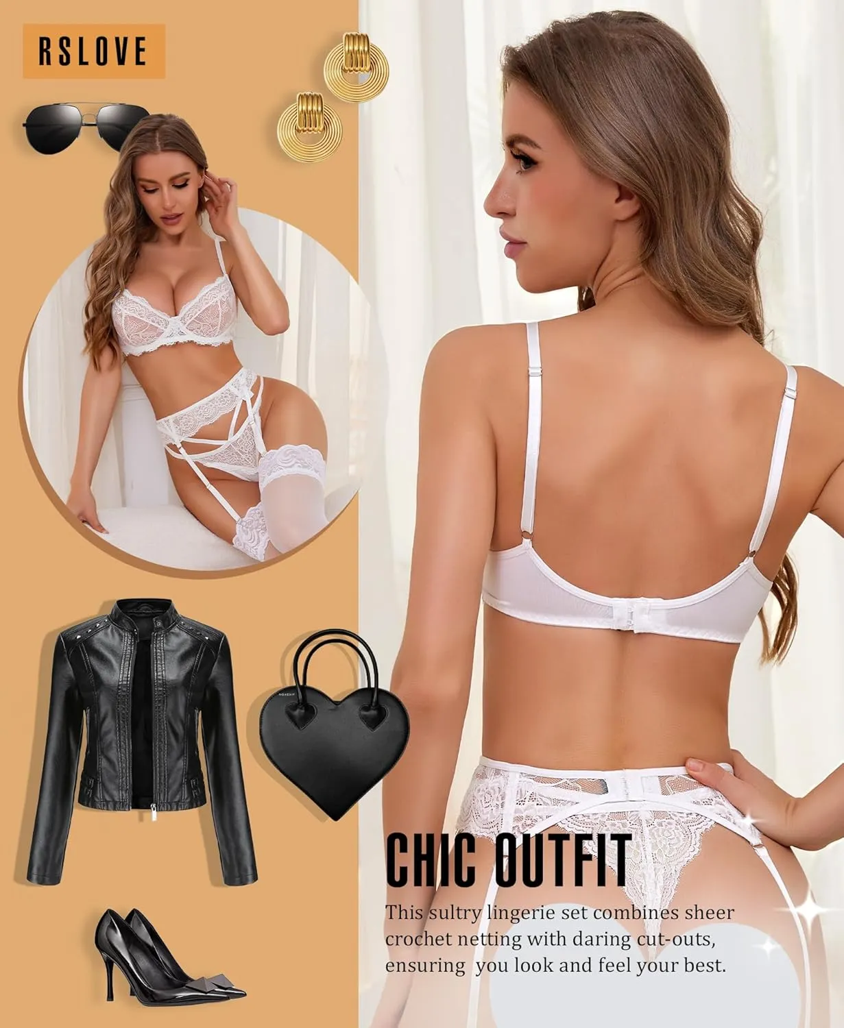 RSLOVE Lingerie Set for Women Sexy - Corset Panty Outfits 3 Piece Lace Push Up Underwire with Garter Lingerie Bra And Panty