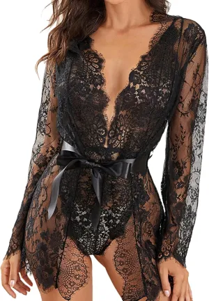 RSLOVE Women Sexy Bridal Lingerie Set – 2 Piece Lace Robe with Sheer Teddy Bodysuit for Wedding Night Honeymoon Anniversary