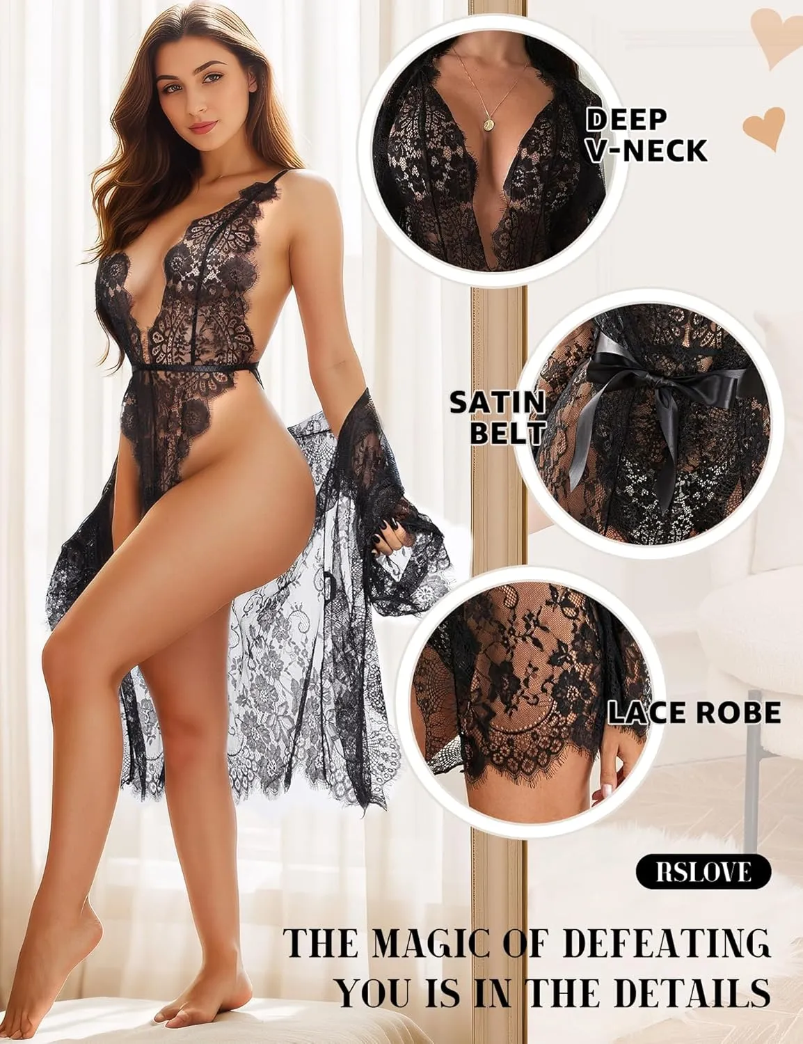 RSLOVE Women Sexy Bridal Lingerie Set – 2 Piece Lace Robe with Sheer Teddy Bodysuit for Wedding Night Honeymoon Anniversary