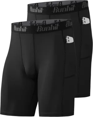 Runhit 2 Pack Mens Compression Shorts with Pocket, Spandex Athletic Workout Shorts, Performance Underwear for Running