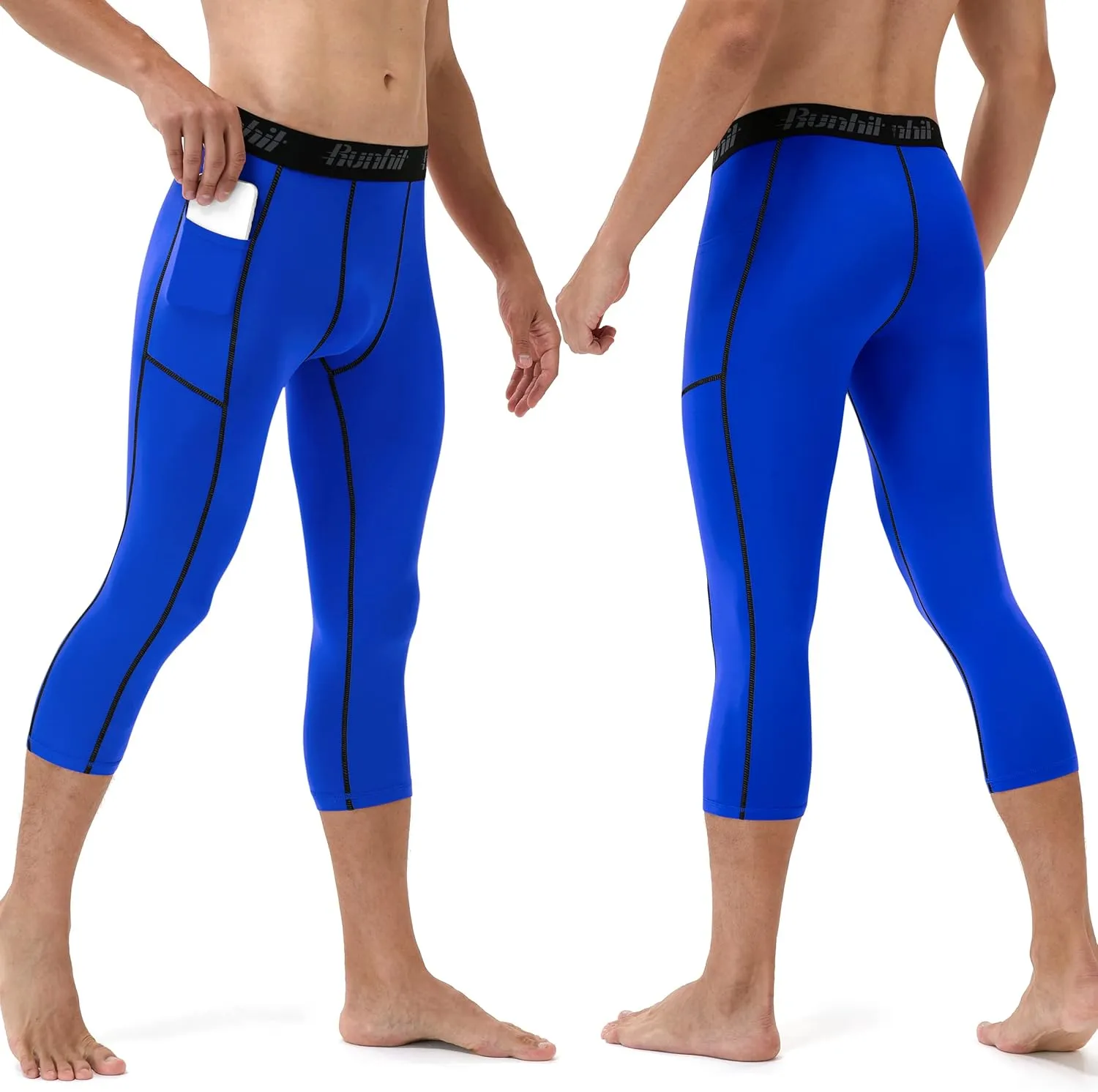 Runhit 3/4 Men's Compression Pants with Pockets,Workout Athletic Tights Leggings Athletic Base Layer Underwear