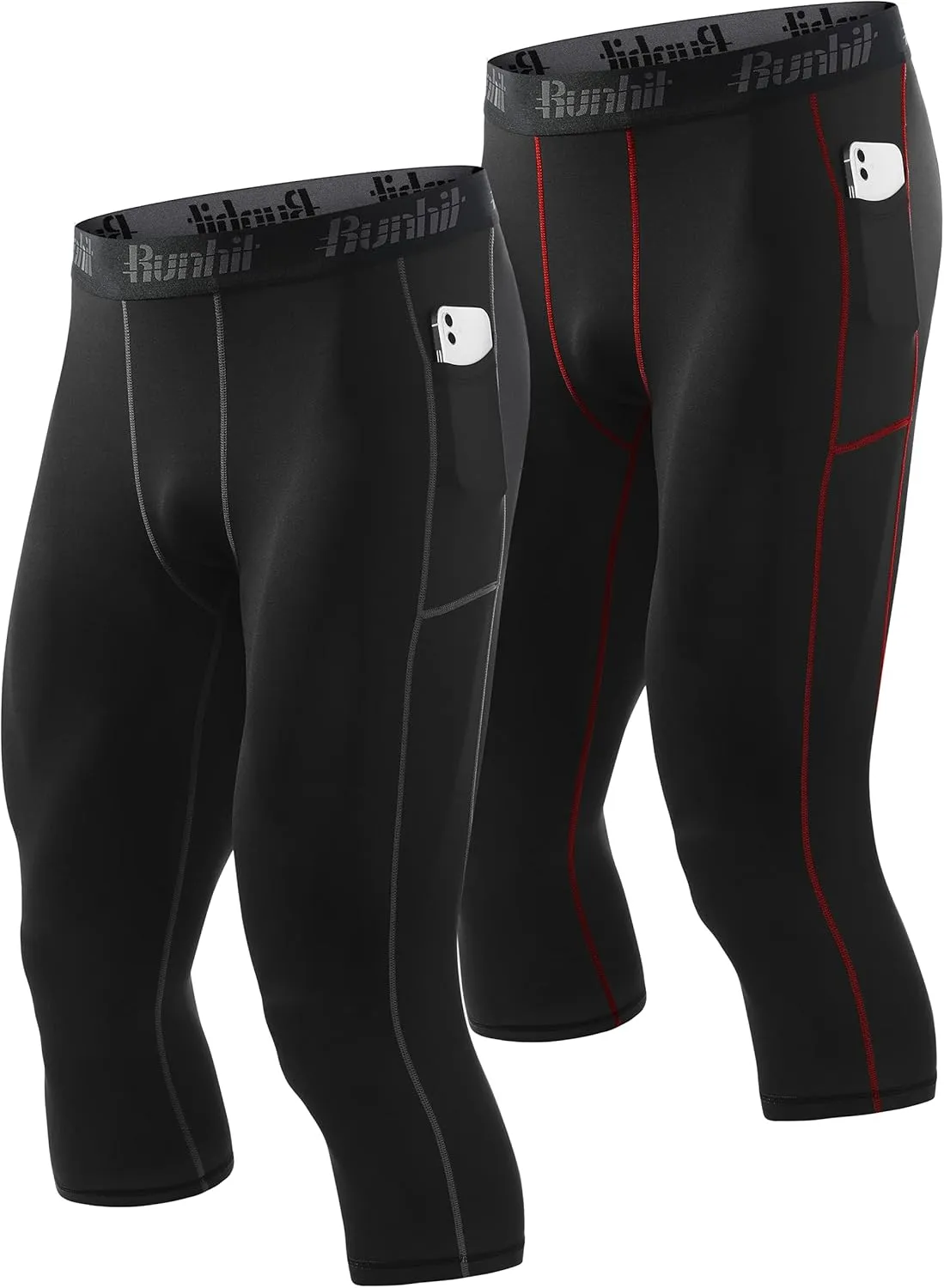 Runhit 3/4 Men's Compression Pants with Pockets,Workout Athletic Tights Leggings Athletic Base Layer Underwear