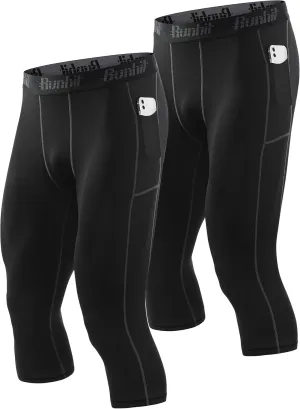 Runhit 3/4 Men's Compression Pants with Pockets,Workout Athletic Tights Leggings Athletic Base Layer Underwear