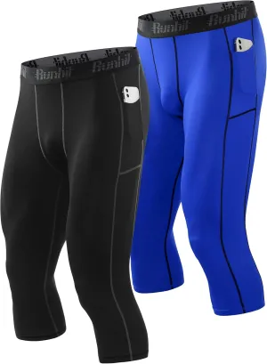 Runhit 3/4 Men's Compression Pants with Pockets,Workout Athletic Tights Leggings Athletic Base Layer Underwear