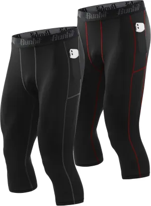 Runhit 3/4 Men's Compression Pants with Pockets,Workout Athletic Tights Leggings Athletic Base Layer Underwear