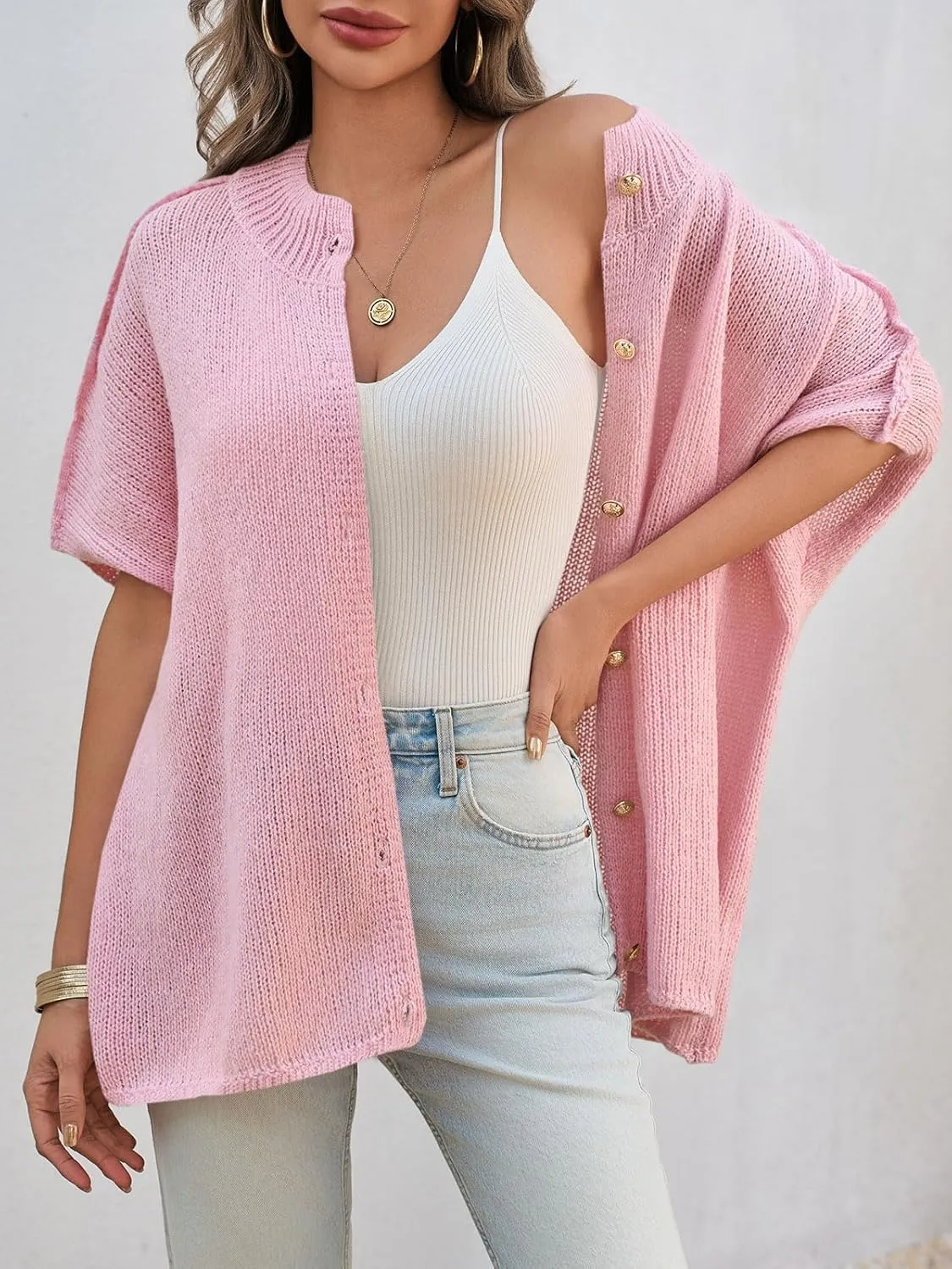 Saodimallsu Womens Oversized Cardigan Sweaters Short Sleeve Button Down Casual Lightweight Loose Knit Trendy Cardigans