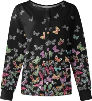 Scrubs Jacket for Women Plus Size Snap Front Warm Up Nurse Doctor Work Uniforms Butterfly Print Scrub Tops with Pockets
