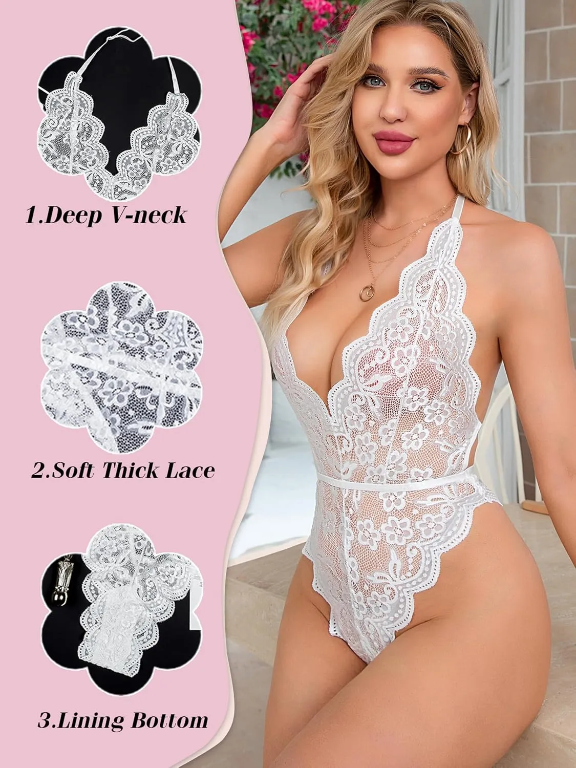 Sexy Lingerie for Women,Lace Bodysuit Bridal Lingerie Backless 1 piece Deep V-Neck Teddy Body Suits Tops Wedding