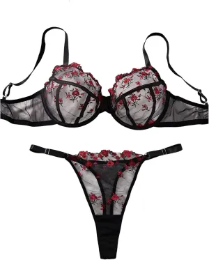 SHENHE Women's Plus Size Floral Embroidered Mesh Underwire Bra and Panty Sheer Lingerie Set