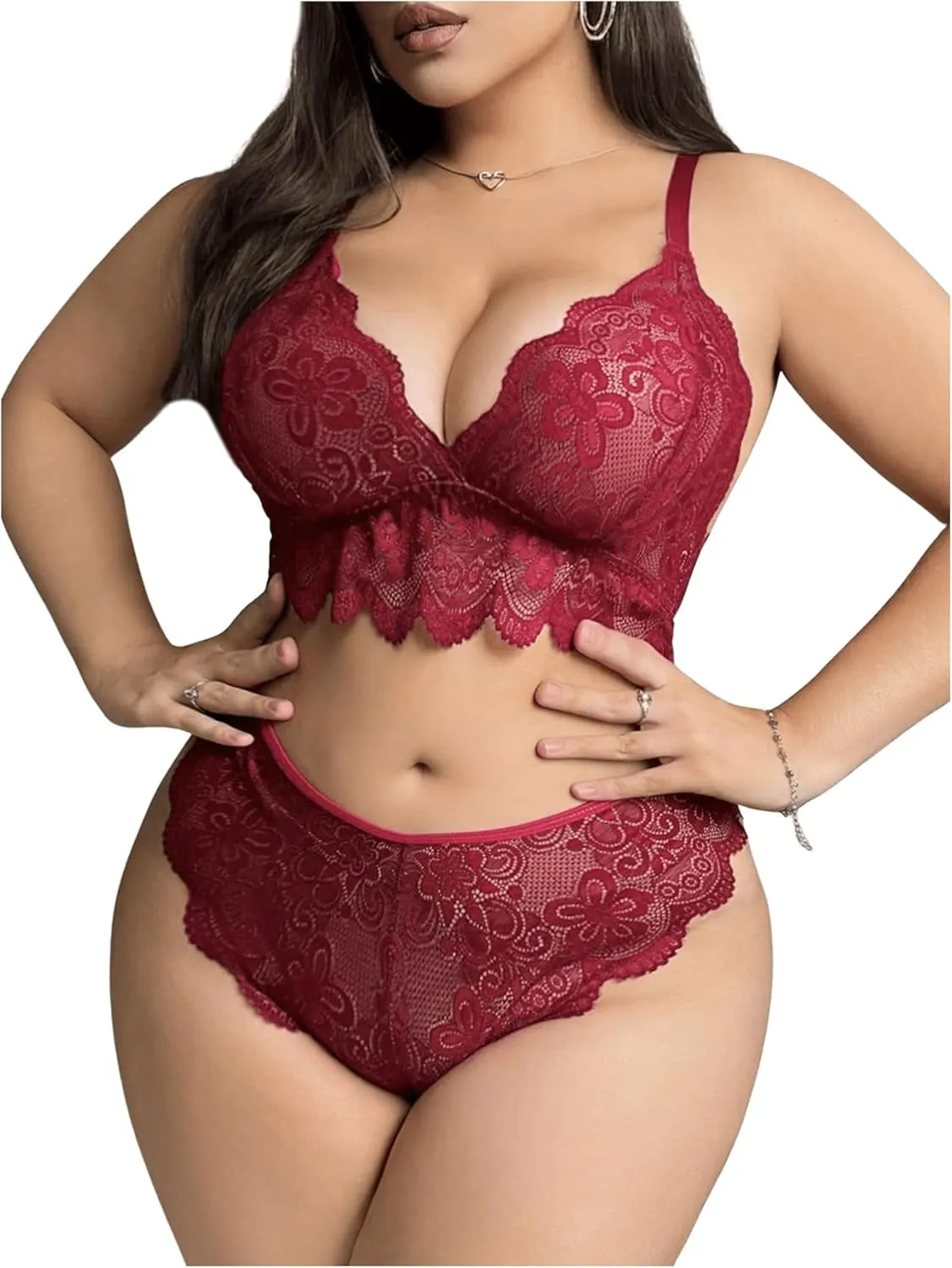 SHENHE Women's Plus Size Lace Lingerie Set Sheer Criss Cross Bra and Panty Cheeky Underwear Set
