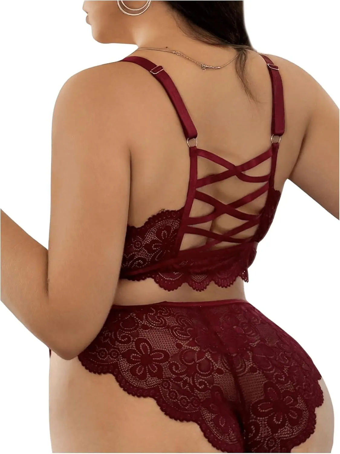 SHENHE Women's Plus Size Lace Lingerie Set Sheer Criss Cross Bra and Panty Cheeky Underwear Set
