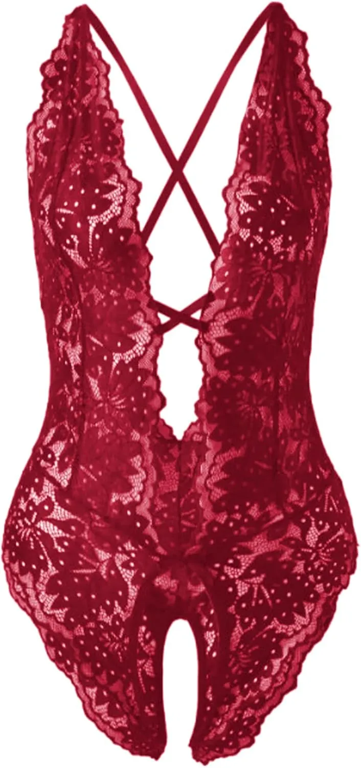 SOLY HUX Women's One Piece Lingerie Sexy Lace Babydoll Deep V Teddy Criss Cross Backless Teddy Mini Bodysuit