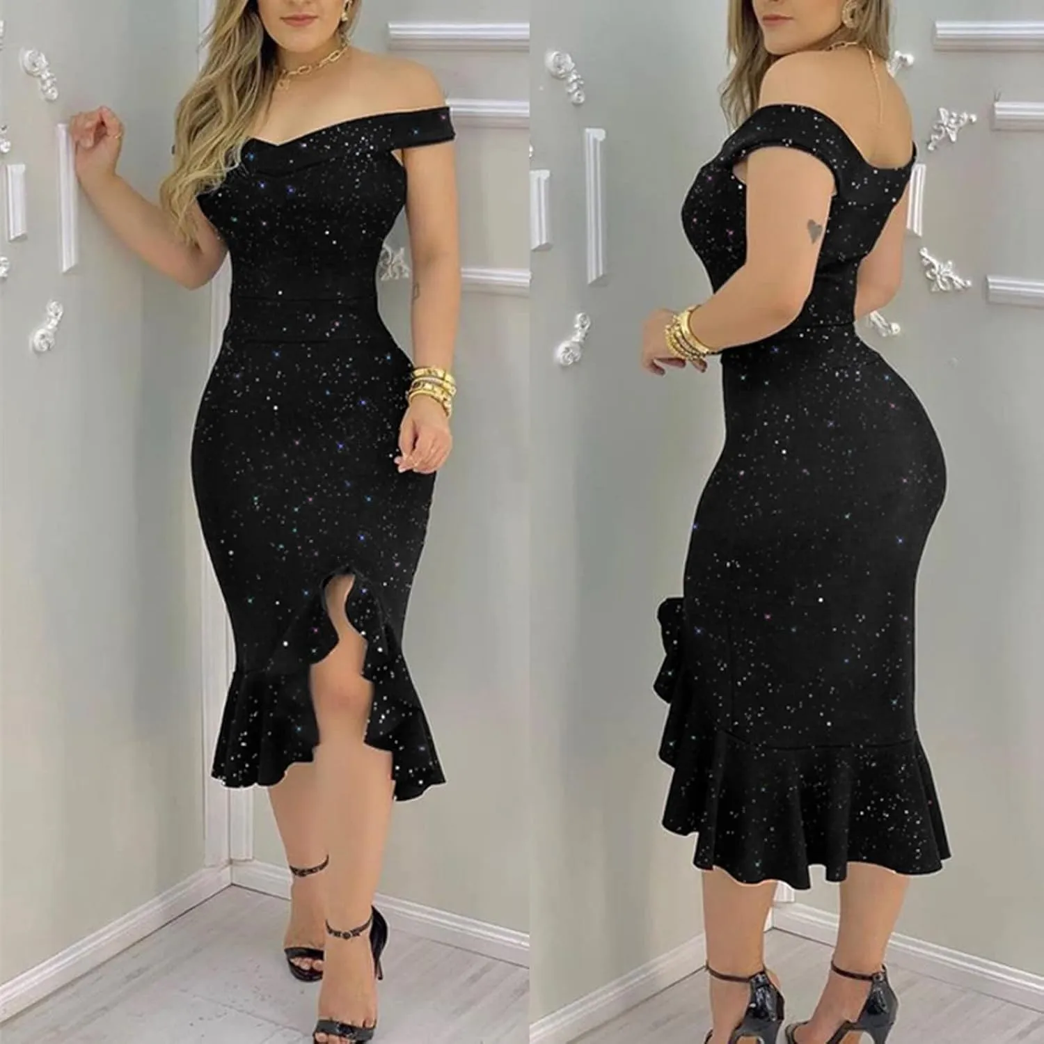 Summer Dresses for Women 2024 Party Casual Elegant Sleeveless One Shoulder Sequin Dress Trendy Bodycon High Split Dress
