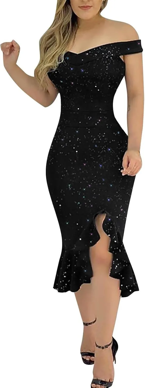 Summer Dresses for Women 2024 Party Casual Elegant Sleeveless One Shoulder Sequin Dress Trendy Bodycon High Split Dress