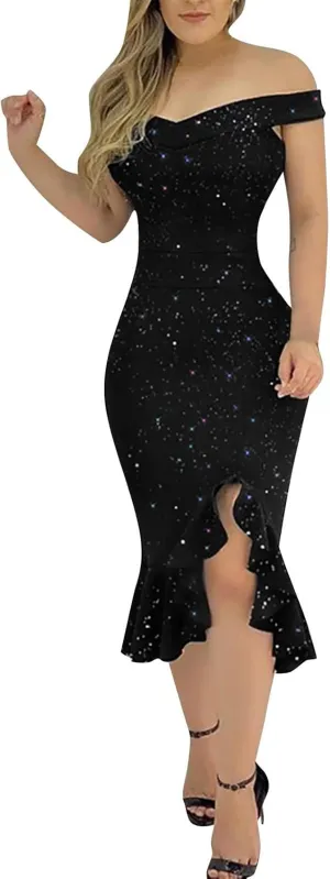 Summer Dresses for Women 2024 Party Casual Elegant Sleeveless One Shoulder Sequin Dress Trendy Bodycon High Split Dress