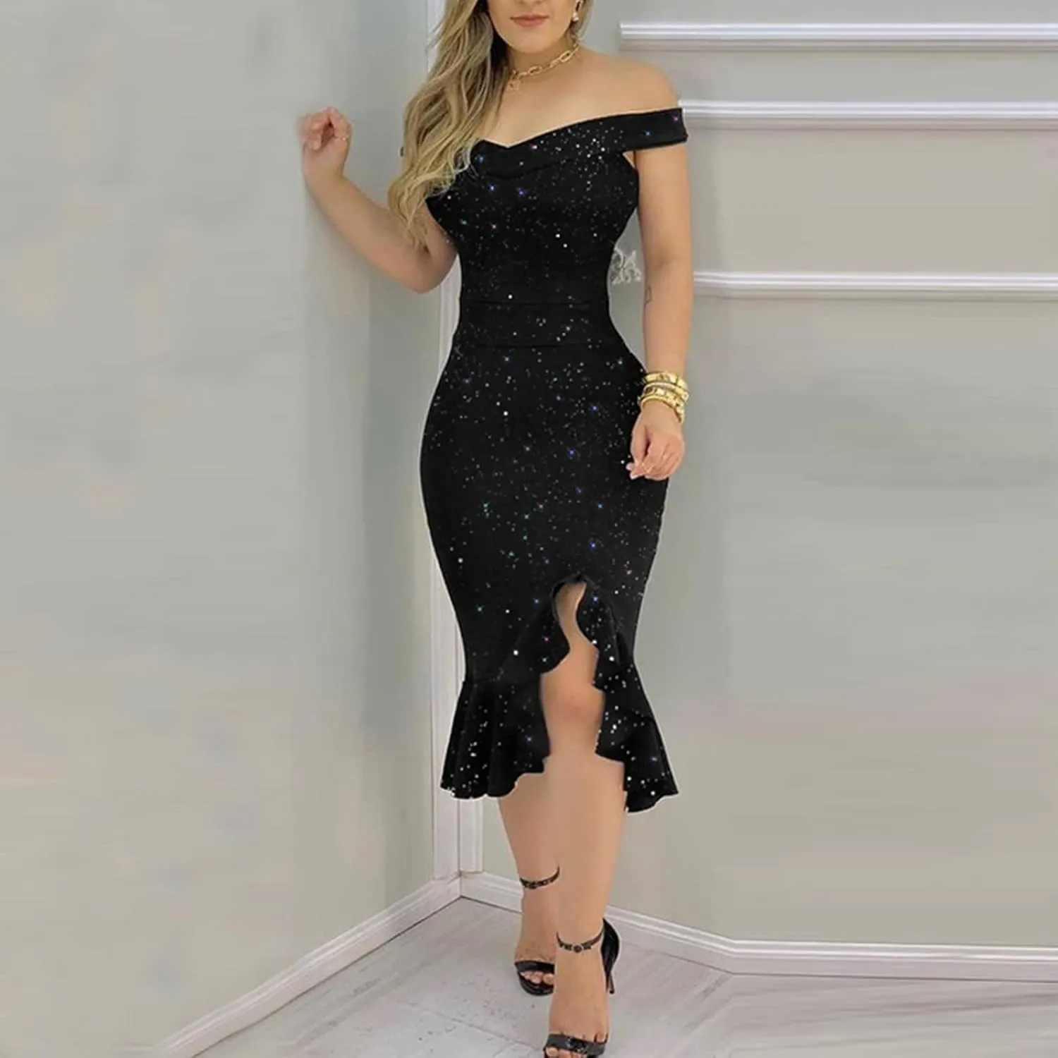 Summer Dresses for Women 2024 Party Casual Elegant Sleeveless One Shoulder Sequin Dress Trendy Bodycon High Split Dress