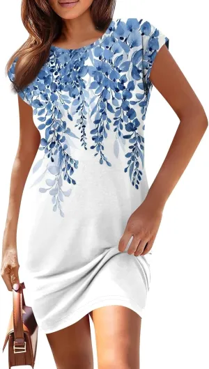 Summer Dresses for Women 2025 Floral Printed T Shirt Dress Casual Cap Sleeve Crewneck Loose Mini Dresses