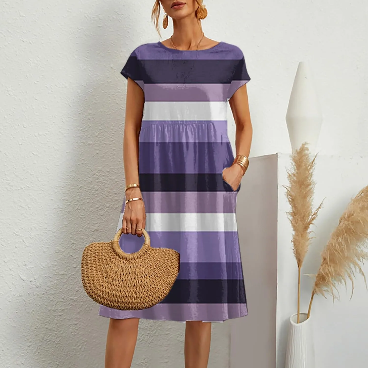 Summer Dresses for Women 2025 Loose Beach Vacation Casual Crew Neck Short Sleeve Sundresses with Pockets Tank Dress