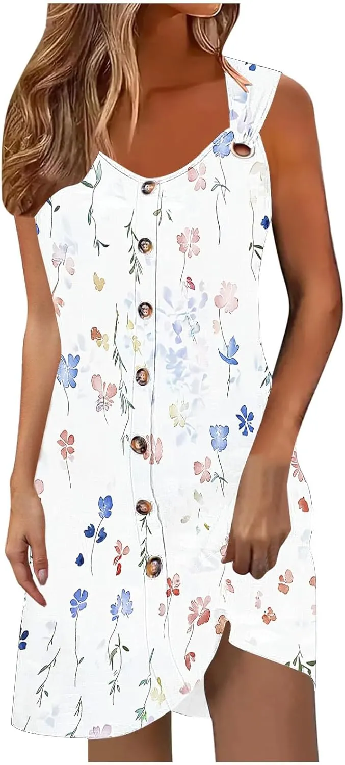 TANGNADE Womens Summer Dresses V Neck Tank Flowy Mini A Line Casual Boho Beach Vacation Sundress Cover up