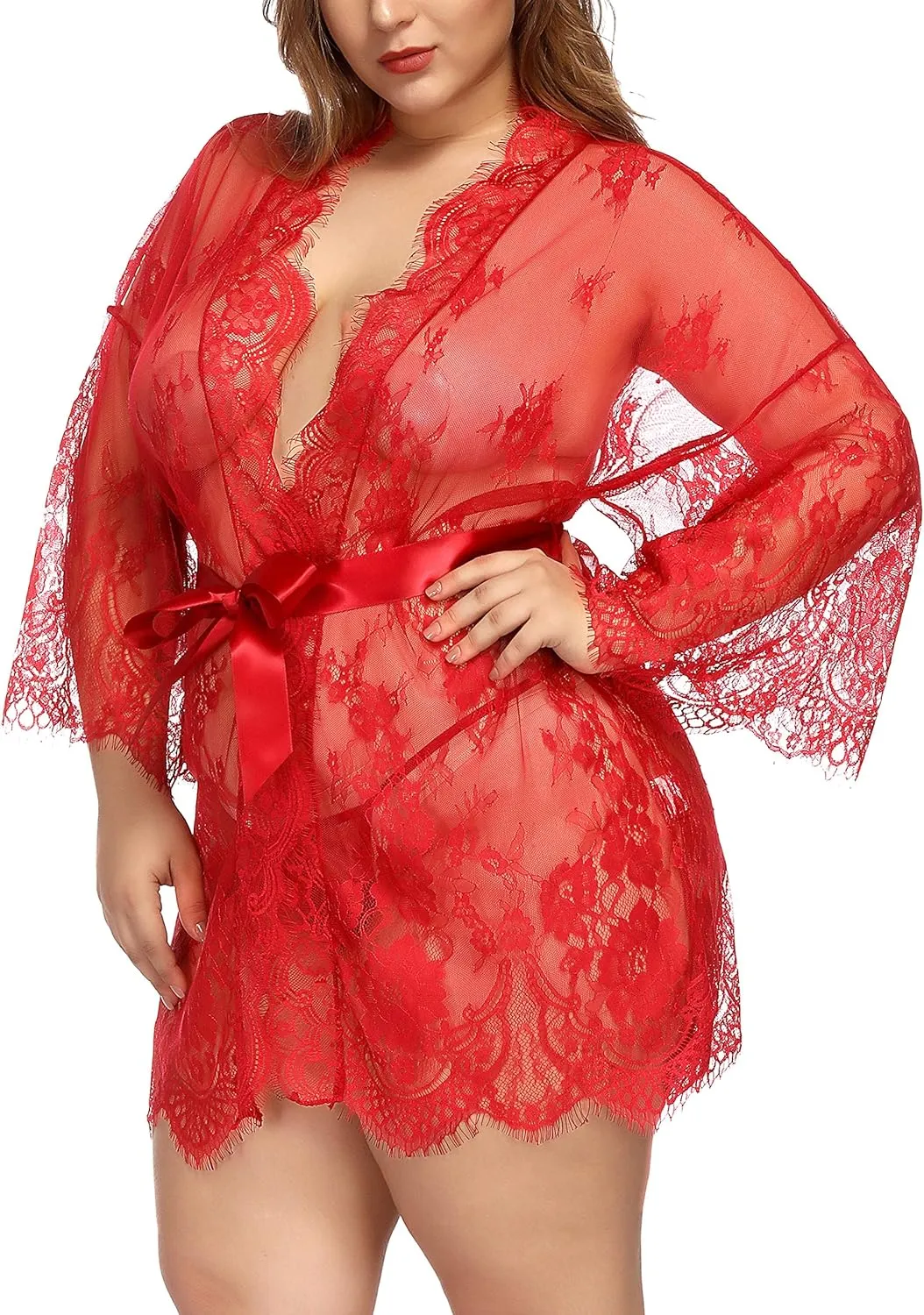 TGD Womens Lingerie Lace Plus Size Kimono Robe Mesh Nightgown Dress Sets