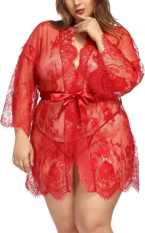 TGD Womens Lingerie Lace Plus Size Kimono Robe Mesh Nightgown Dress Sets