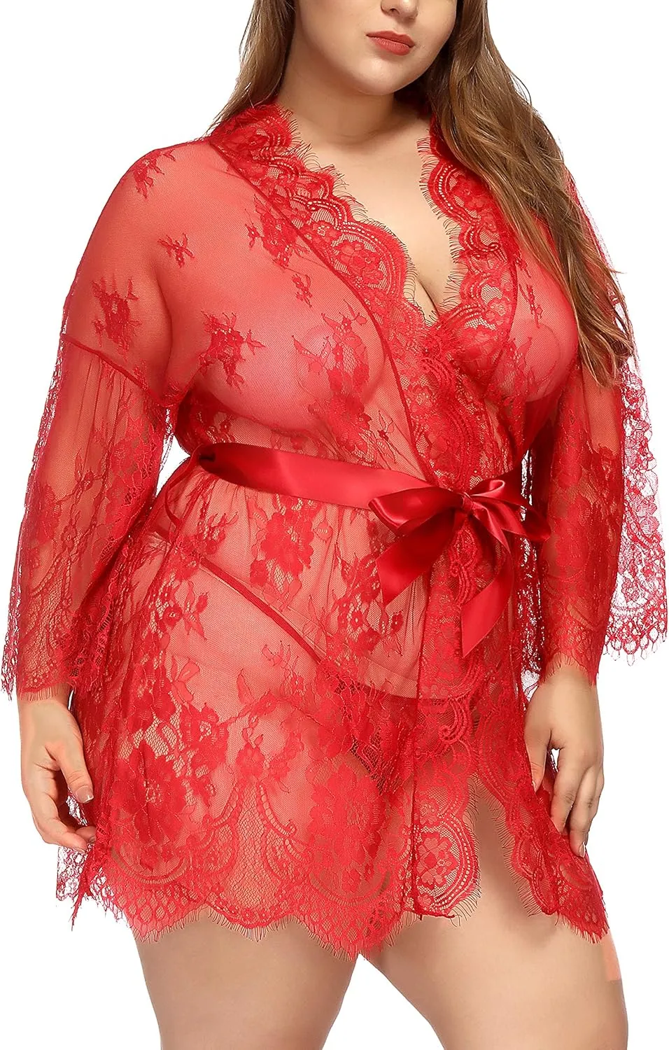 TGD Womens Lingerie Lace Plus Size Kimono Robe Mesh Nightgown Dress Sets