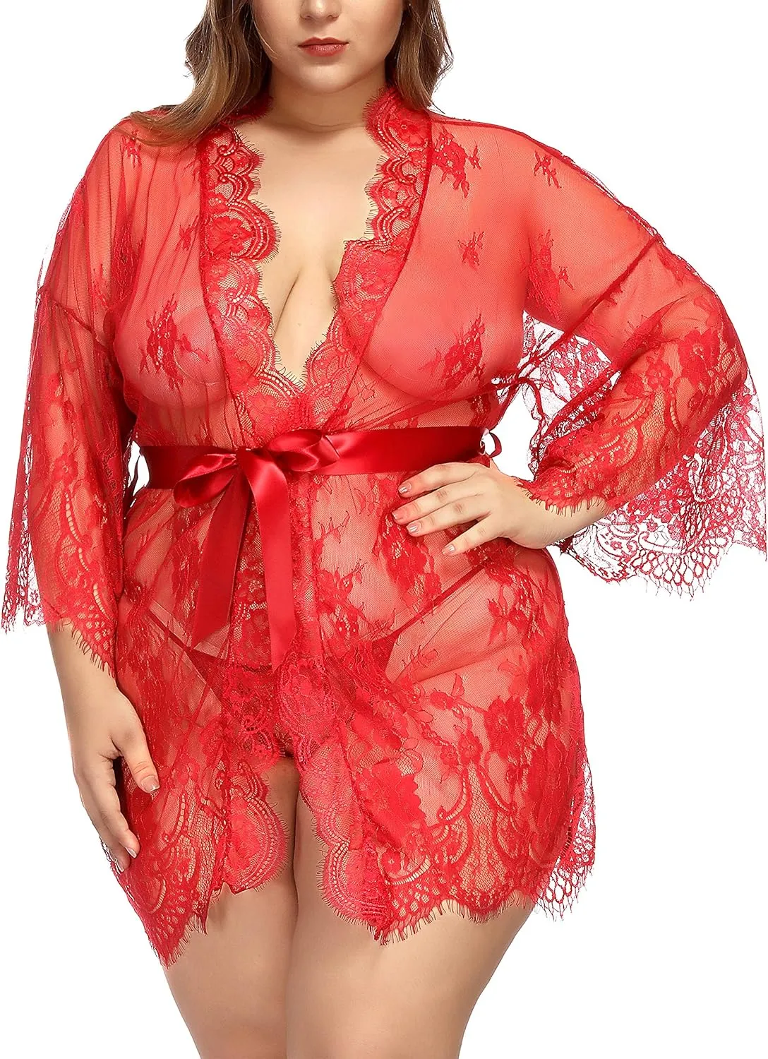 TGD Womens Lingerie Lace Plus Size Kimono Robe Mesh Nightgown Dress Sets