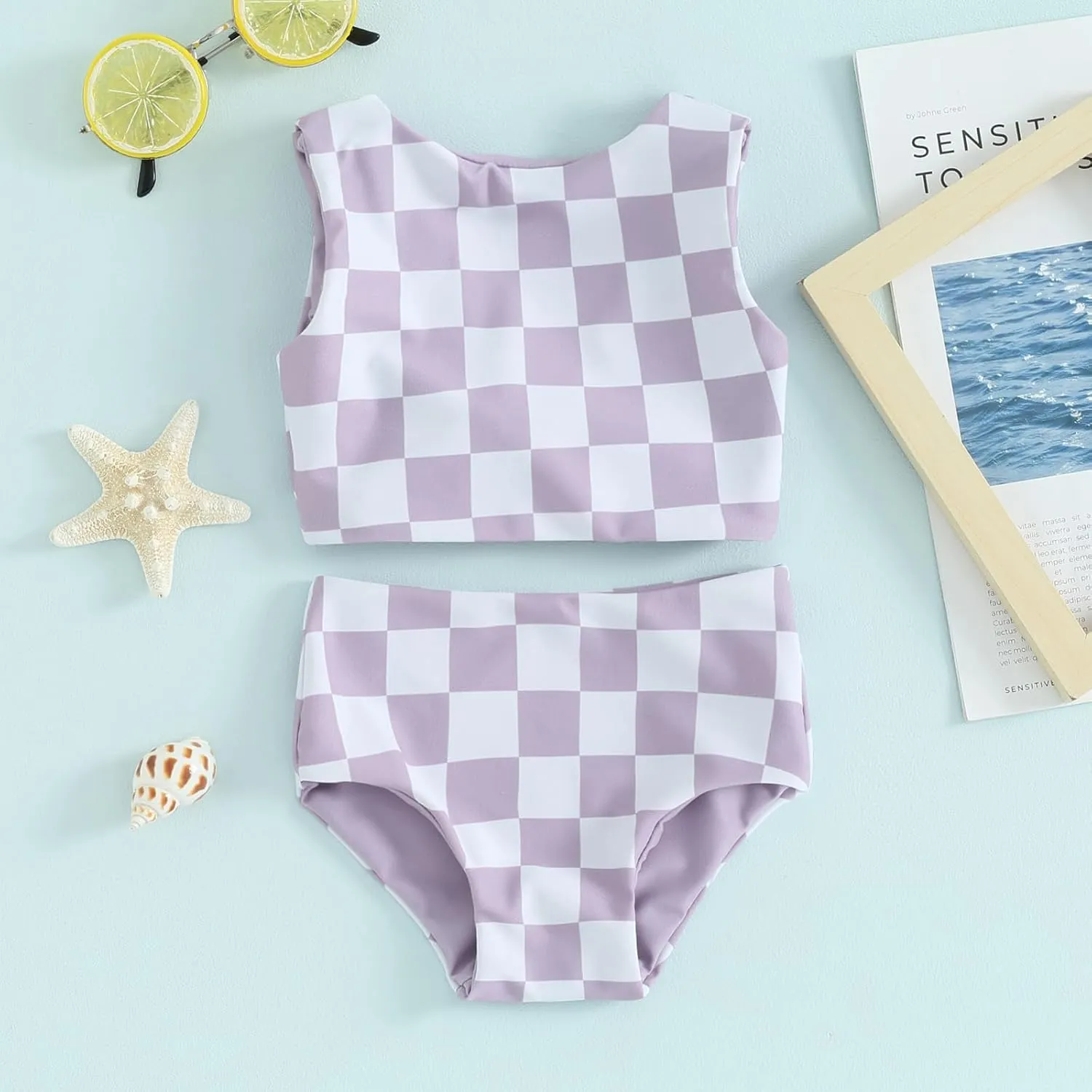 Toddler Baby Girl Two Piece Swimsuit Checkered Print Knotted Swim Top and Bottom Tankini Bikini Set Kid Bathing Suit