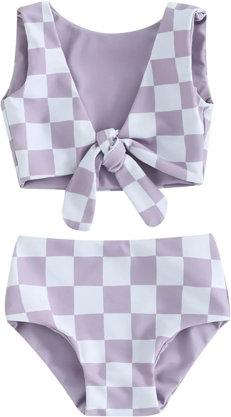 Toddler Baby Girl Two Piece Swimsuit Checkered Print Knotted Swim Top and Bottom Tankini Bikini Set Kid Bathing Suit