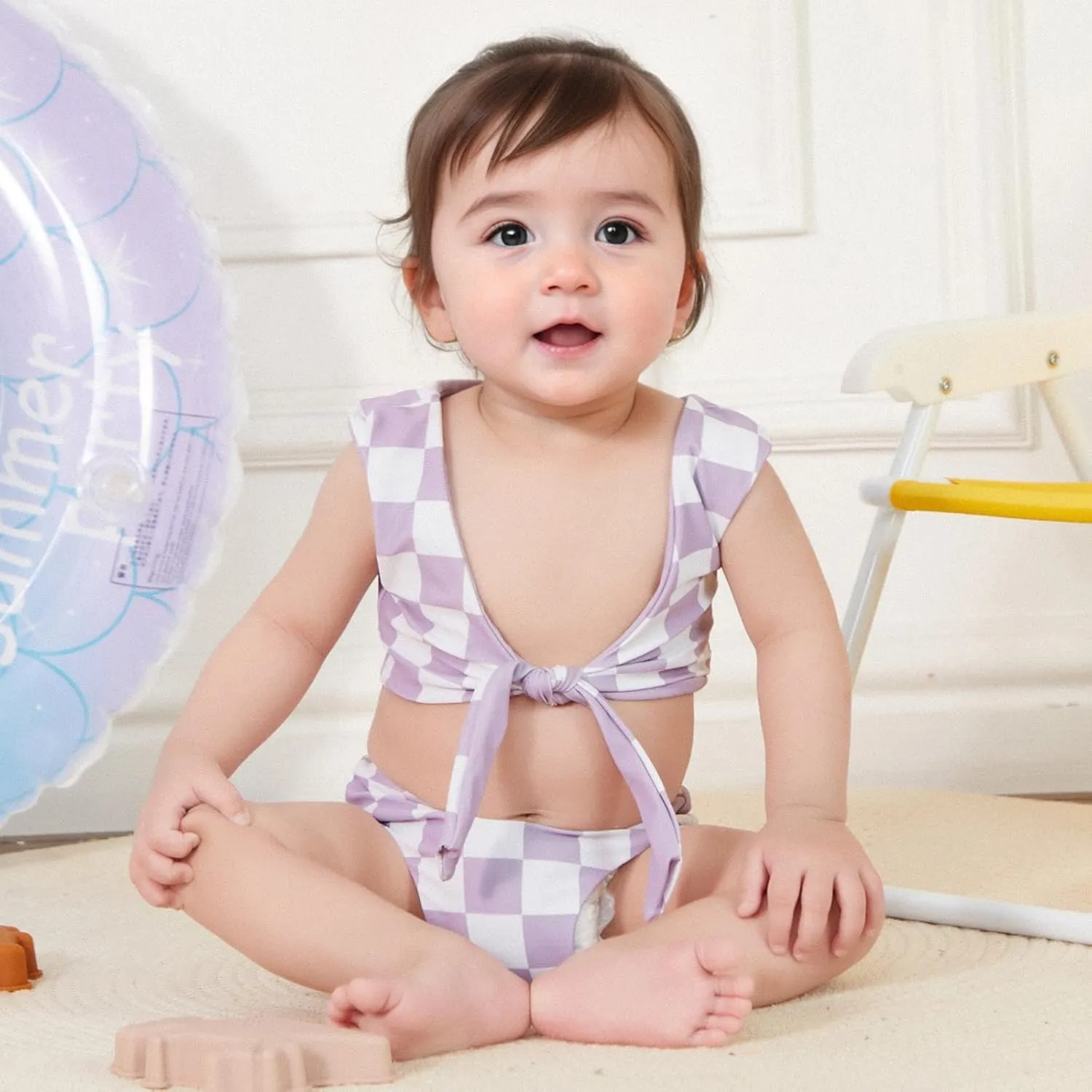 Toddler Baby Girl Two Piece Swimsuit Checkered Print Knotted Swim Top and Bottom Tankini Bikini Set Kid Bathing Suit